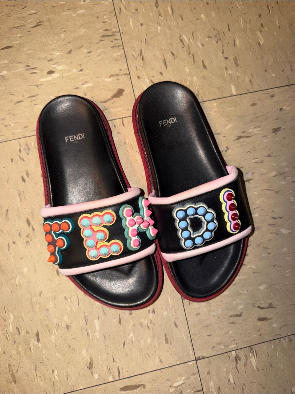 Fendi Kids Black Slides with Multicolor Studded Logo and Pink Trim